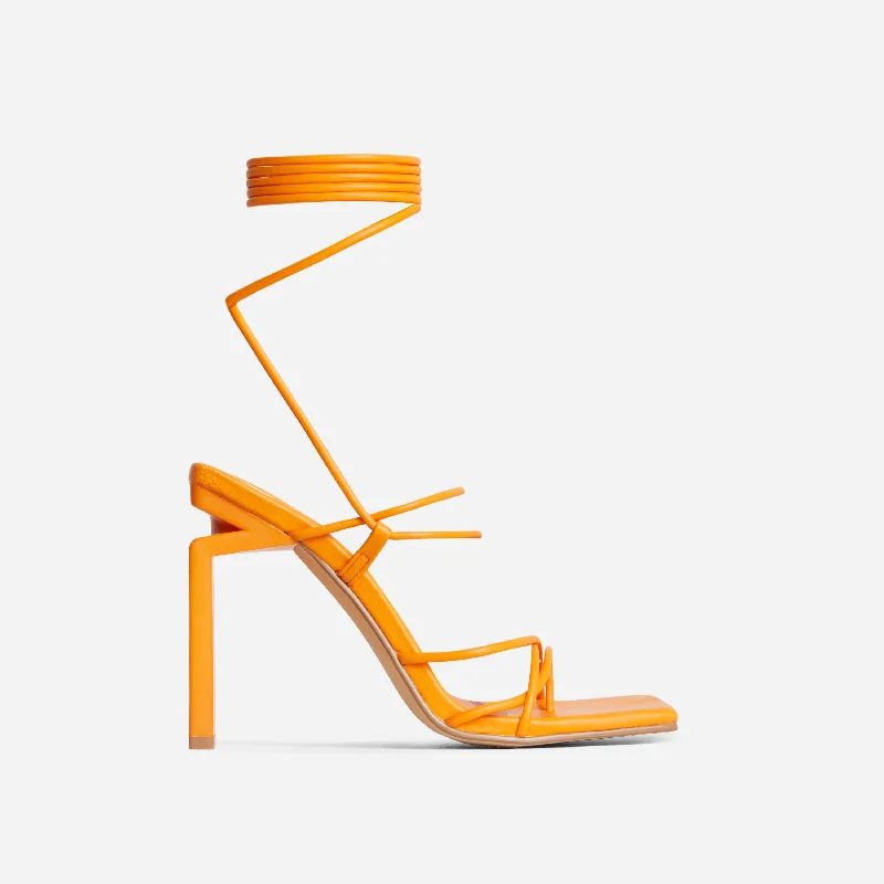 Laced Wide Fit Strappy Square Toe Cut Out Thin Block Heel In Orange Faux Leather Laced Wide Fit Strappy Square Toe Cut Out Thin Block Heel In Orange Faux Leather
