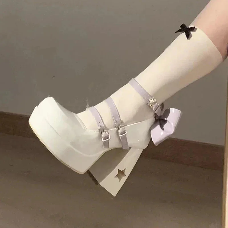 Lolita heeled boots - white purple