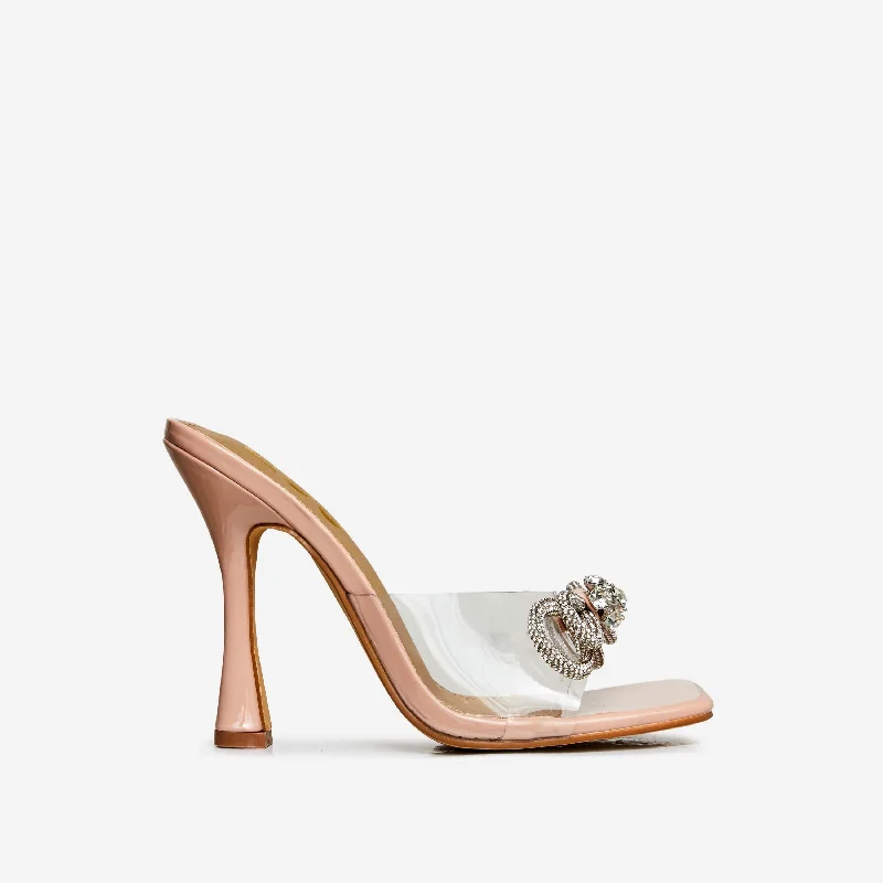 Love-All Wide Fit Diamante Bow Detail Clear Perspex Strap Square Peep Toe Flared Heel Mule In Nude Patent Love-All Wide Fit Diamante Bow Detail Clear Perspex Strap Square Peep Toe Flared Heel Mule In Nude Patent
