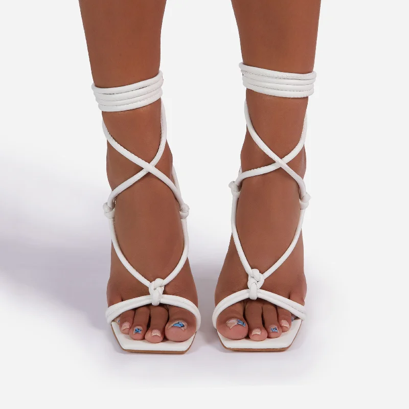 Orbit Wide Fit Lace Up Knotted Detail Square Toe Metallic Heel In White Faux Leather Orbit Wide Fit Lace Up Knotted Detail Square Toe Metallic Heel In White Faux Leather