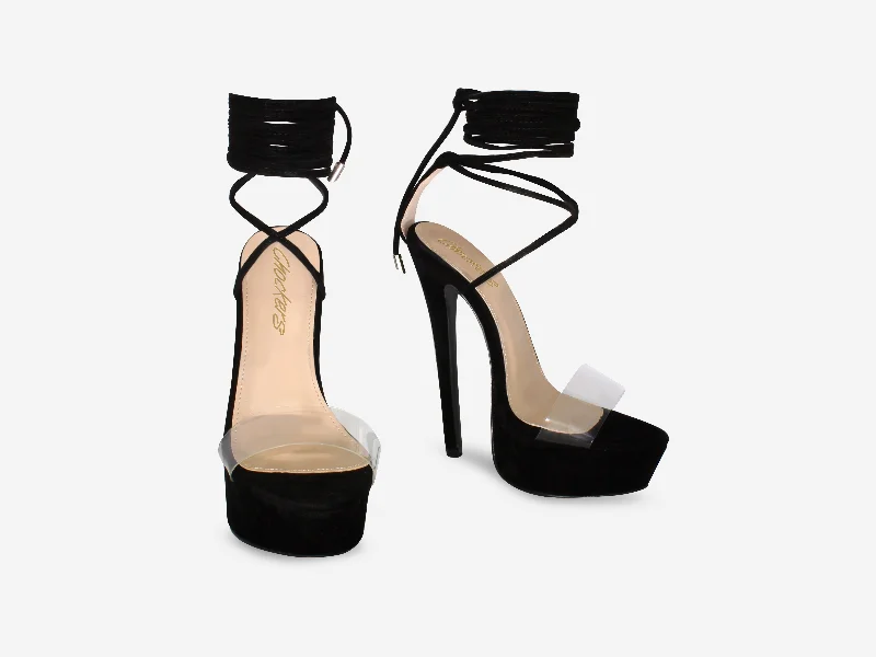 Tarsha - Black Faux Suede Tie Up Platform Heel