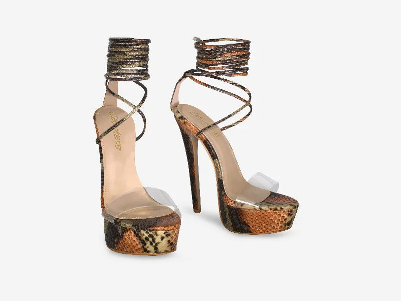 Tarsha - Brown Snake Print Tie Up Platform Heel