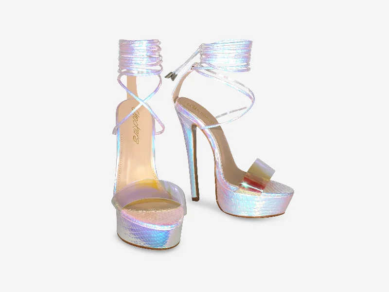 Tarsha - Iridescent Croc Print Tie Up Platform Heel