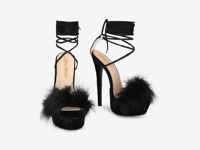 Veronica – Black Faux Suede Fluffy Tie Up Platform Heel