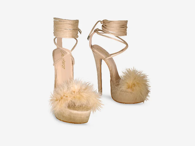 Veronica – Nude Faux Suede Fluffy Tie Up Platform Heel