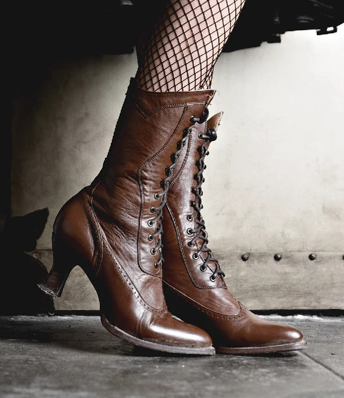 Modern Victorian Lace Up Leather Boots in Cognac