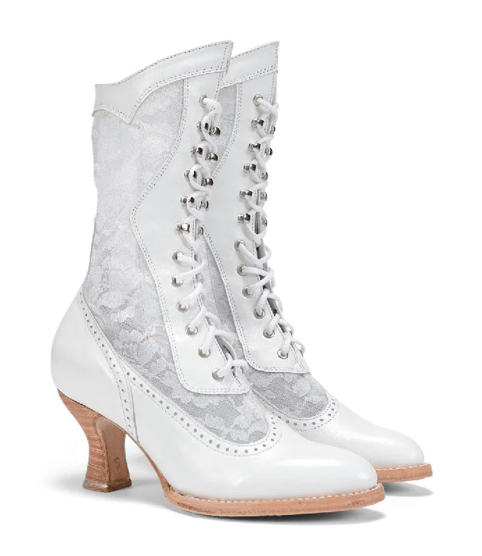 Victorian Inspired Leather & Lace Boots in White Victorian Inspired Leather & Lace Boots in White