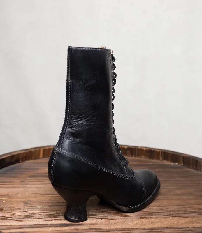 Victorian Mid-Calf Leather Boots in Black Rustic Victorian Mid-Calf Leather Boots in Black Rustic