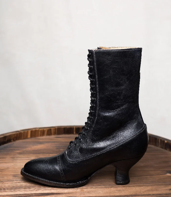 Victorian Mid-Calf Leather Boots in Black Rustic Victorian Mid-Calf Leather Boots in Black Rustic
