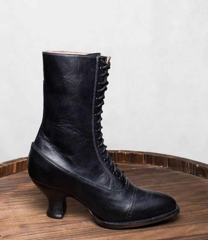 Victorian Mid-Calf Leather Boots in Black Rustic Victorian Mid-Calf Leather Boots in Black Rustic
