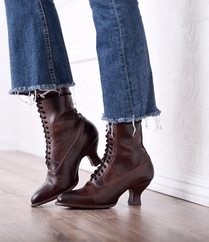 Victorian Mid-Calf Leather Boots in Teak Rustic Victorian Mid-Calf Leather Boots in Teak Rustic