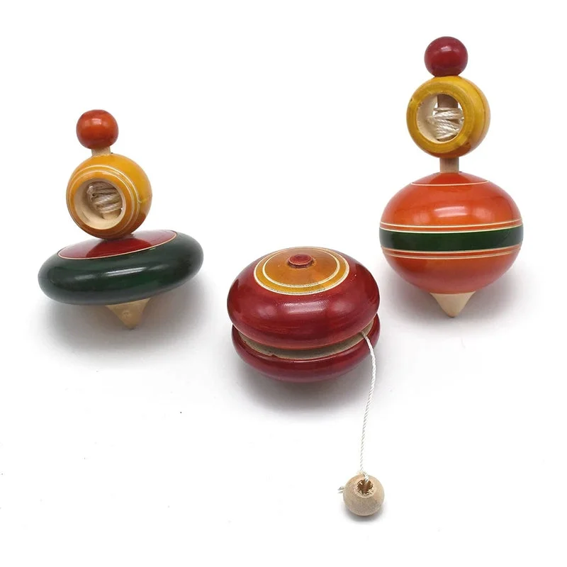 Wooden Spinning Tops - Set of 3 Pcs( Multicolor)